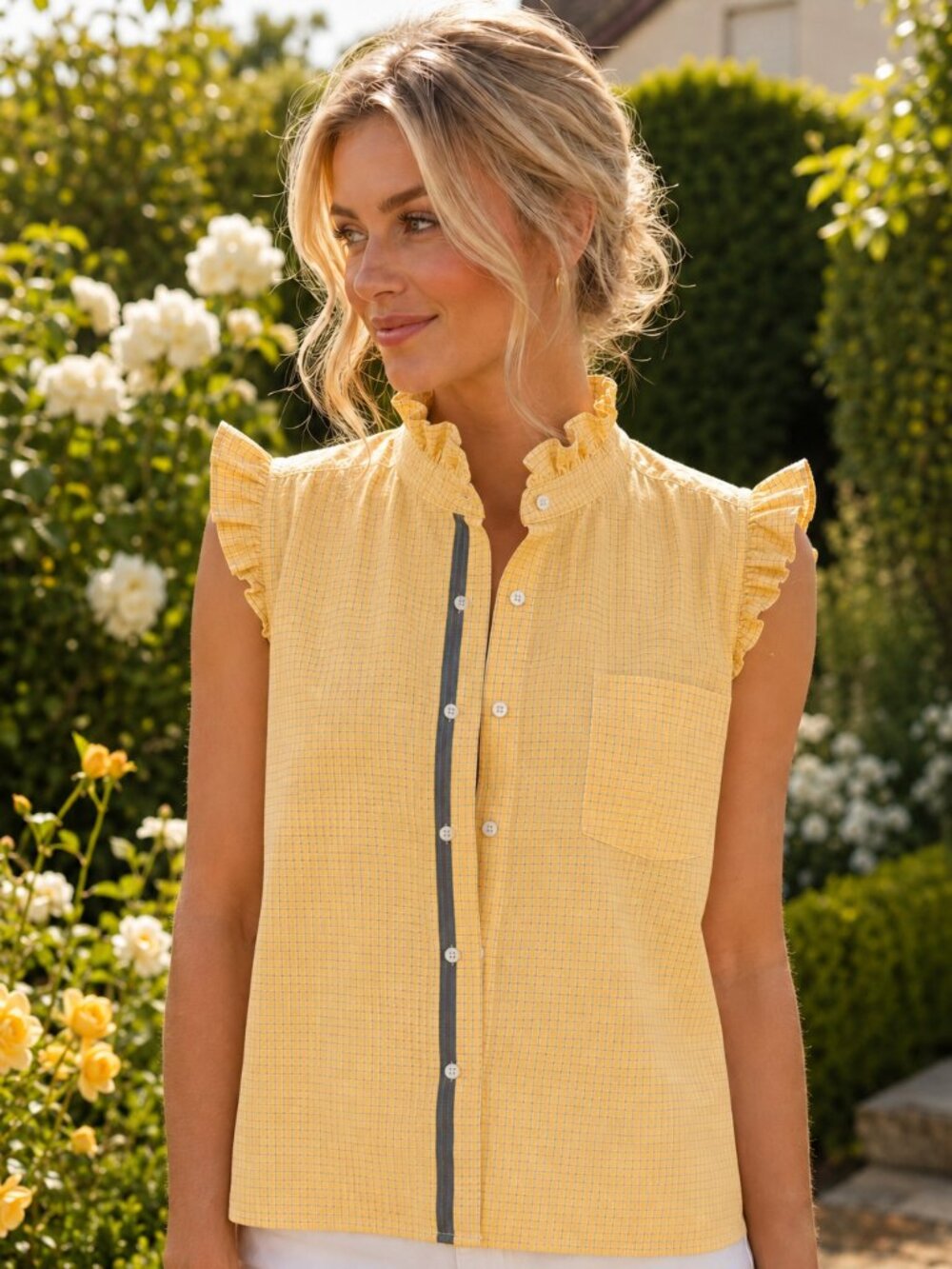 Alexander Julian Yellow Navy Checked Upcycled Ruffle Blouse M/L